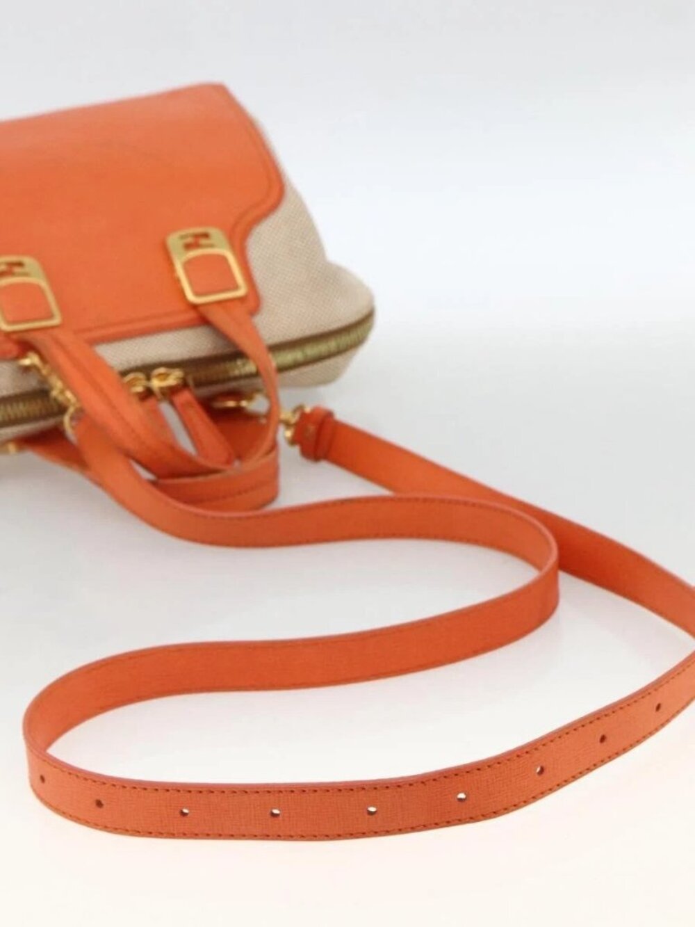 FENDI Chameleon Hand Bag Canvas Leather 2way Orange Gold Auth 172513 - Picture 8 of 16